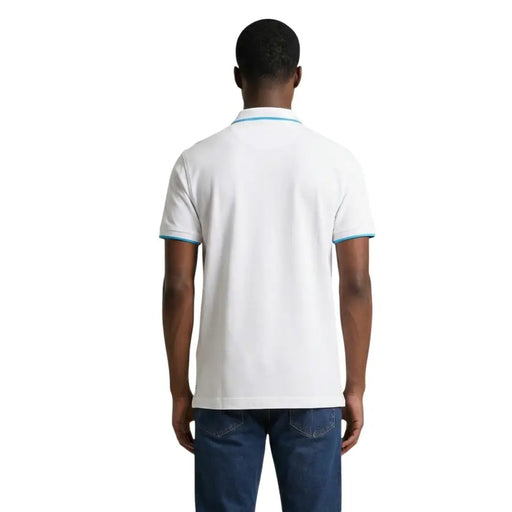 US Polo Assn. Herren-Poloshirt in klassischer Passform aus weißer Baumwolle mit hellblauen Bündchen an Kragen und Ärmelbündchen, Größe L