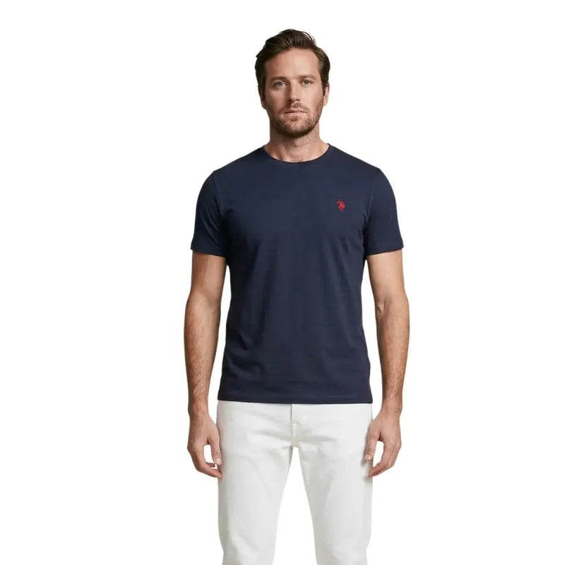 Marineblaues, kurzärmeliges Baumwollshirt mit Rundhalsausschnitt t-shirt mit kleinen roten Stickereien U.s. Polo Assn. Logo auf der linken Brust