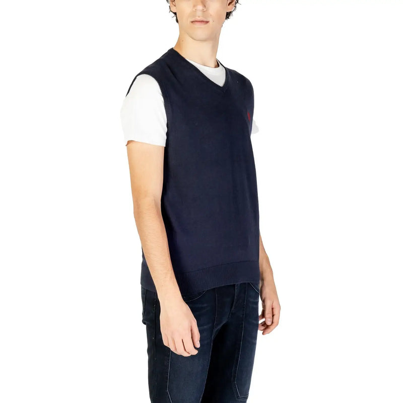 Navy blue knit v-neck sweater vest with small red polo logo on left chest from U.S. Polo Assn. at Urban City Styles