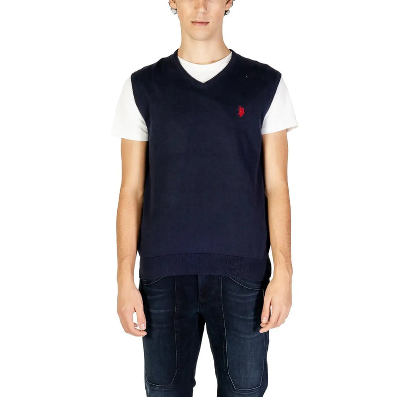 Navy blue knit v-neck sweater vest with red embroidered logo on left chest from U.S. Polo Assn. at Urban City Styles