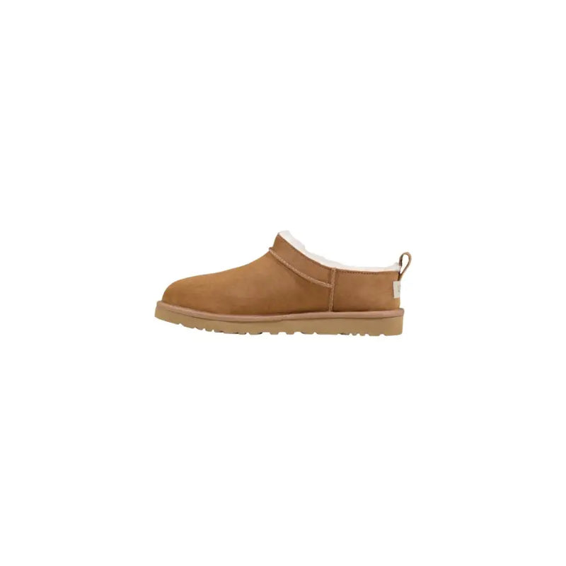 Hellbraune UGG-Herren-Slipper aus Wildleder mit weichem, weißem Lammfellfutter und Gummisohle für Frühling und Sommer
