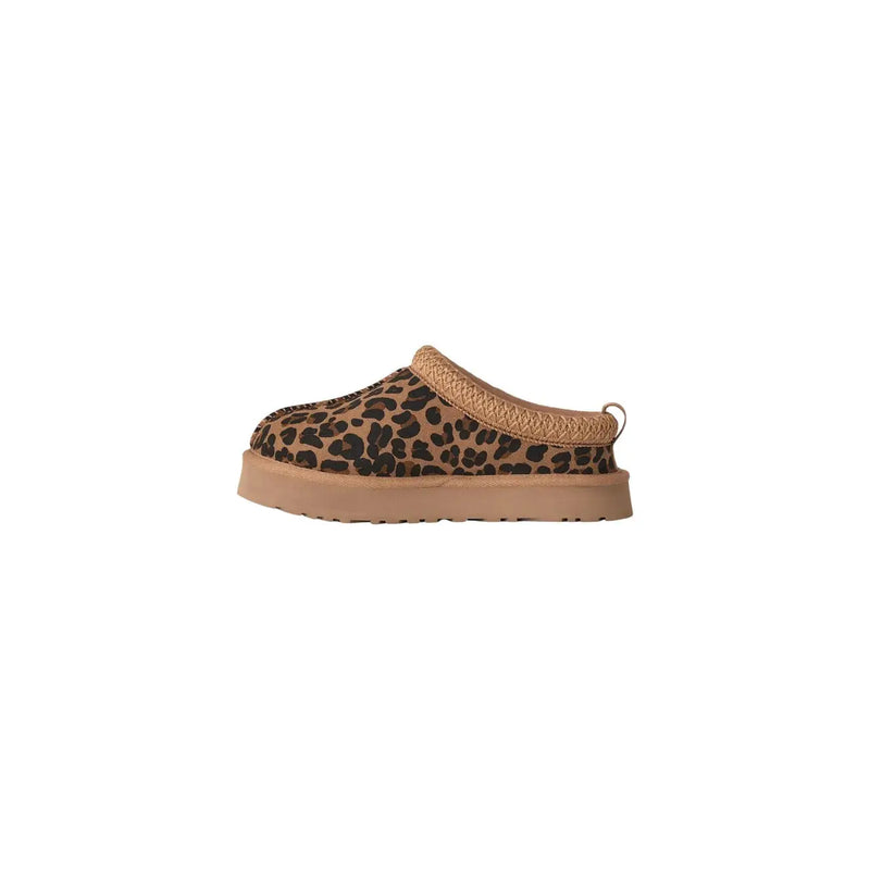 Ugg Herren-Wildlederstiefel, braunes Leopardenmuster, Slip-on-Clog mit hellbraunem Wildlederbesatz und klobiger Gummisohle, die von hinten sichtbar ist
