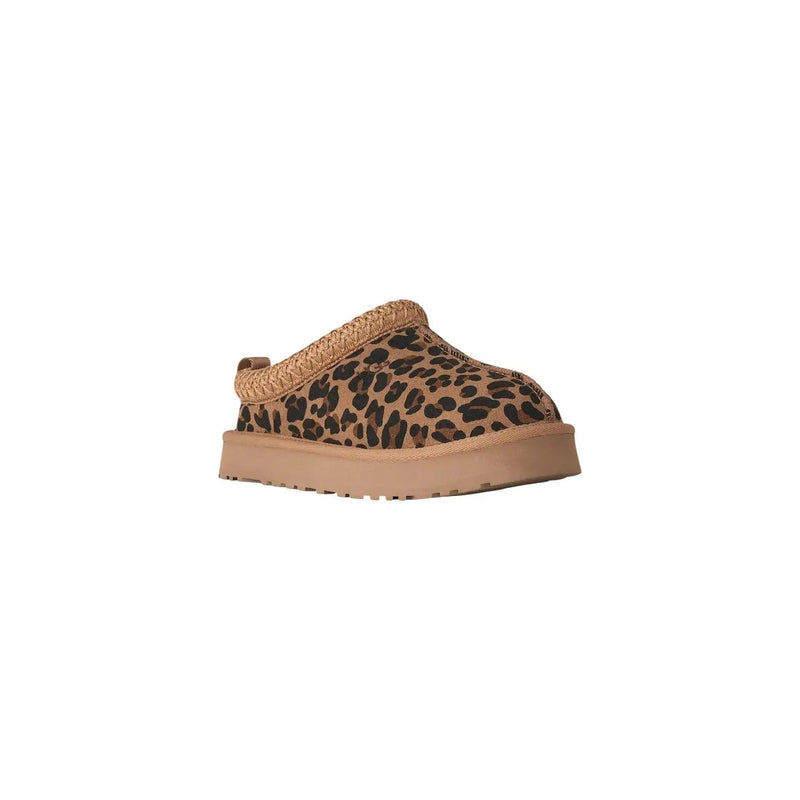 Braune Ugg-Herren-Wildlederstiefel mit Leopardenmuster, Slip-on-Design, geflochtenem hellbraunem Riemen und klobiger Gummisohle