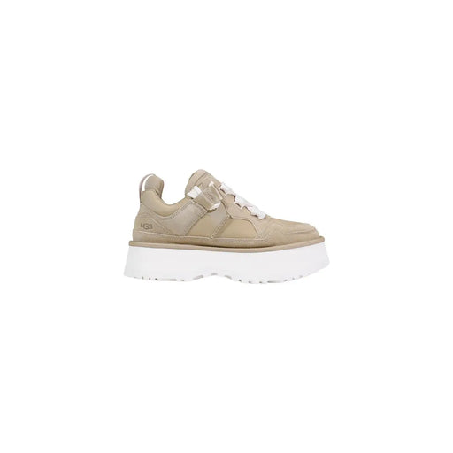 Beigefarbene Ugg-Plateau-Stiefel aus Leder für Damen mit weißen Schnürsenkeln und dicker weißer Sohle im Sneaker-Stil