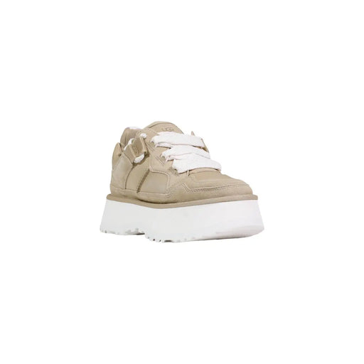 Ugg Damen-Plateau-Stiefel aus beigefarbenem Leder mit beigen Wildleder-Sneakers, weißen Schnürsenkeln und klobigen weißen Sohlen