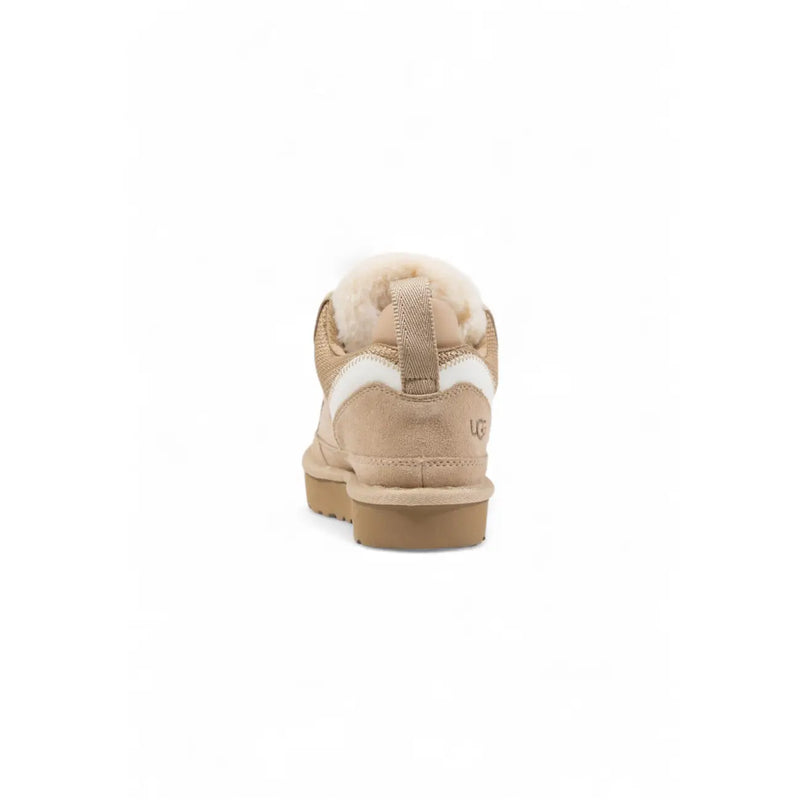 Beige suede ugg women lowmel sneakers with white accents and plush shearling lining for comfortable wear