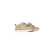 Ugg women beige suede lace up sneakers with a beige suede upper and white rubber sole for casual wear