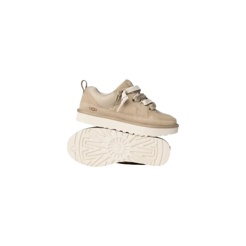 Ugg women beige suede lace up sneakers with metallic silver laces and white rubber sole