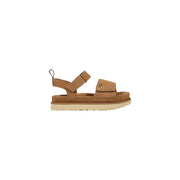 Ugg women beige suede platform sandals with tan adjustable ankle strap for stylish comfort and support
