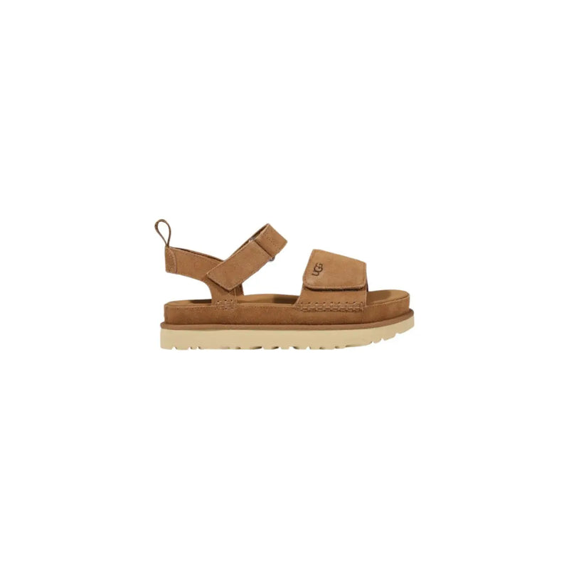 Ugg women beige suede platform sandals with tan adjustable ankle strap for stylish comfort and support