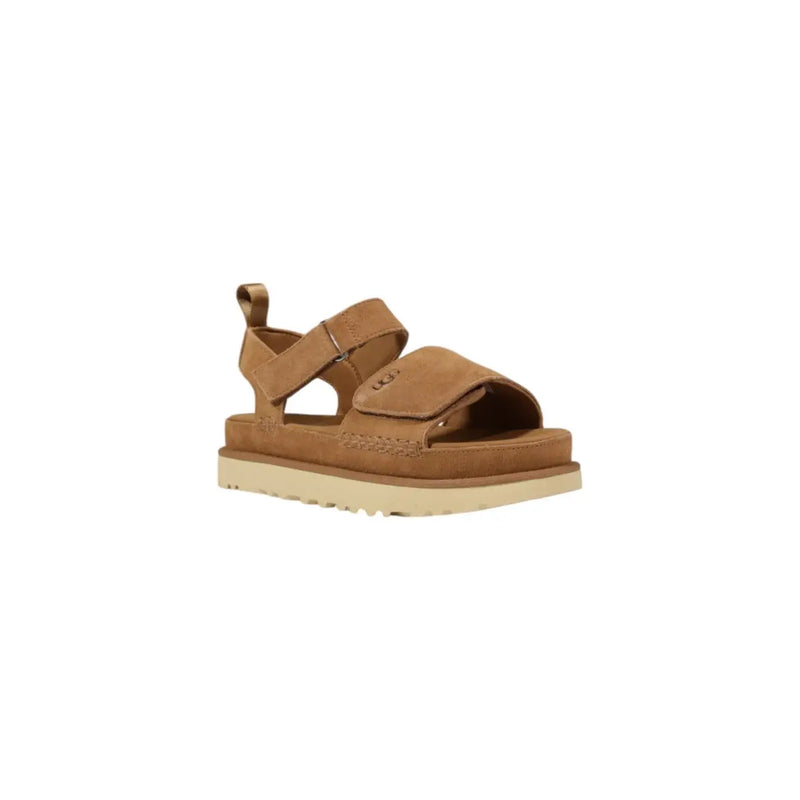 Ugg women beige suede platform sandals with tan suede straps, thick off-white rubber sole, and two adjustable closures