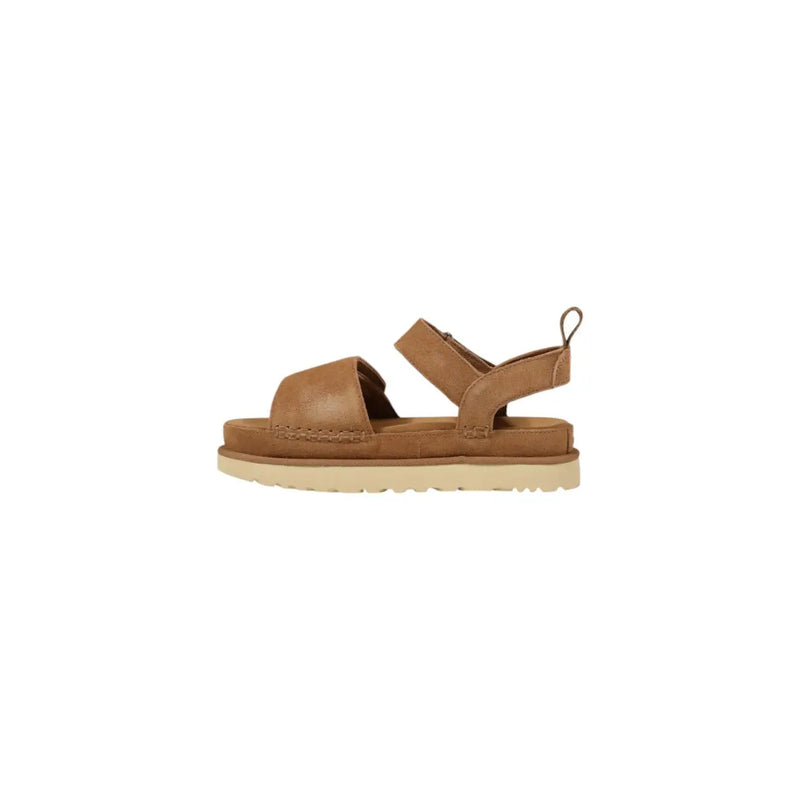 Ugg women beige suede platform sandals with tan leather adjustable ankle straps and a platform sole