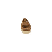 Ugg women beige suede platform sandals with ankle strap, tan adjustable straps, and thick light-colored sole