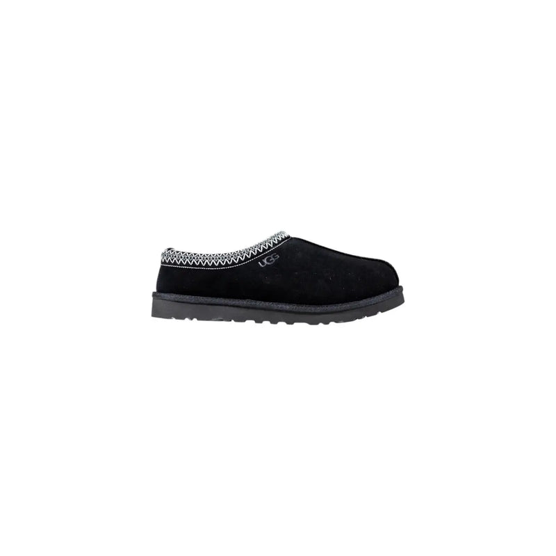 Schwarzer UGG-Slipper-Mokassin mit Obermaterial aus strukturiertem Wildleder und weißer Zickzacknaht, ideal für Herbst und Winter.