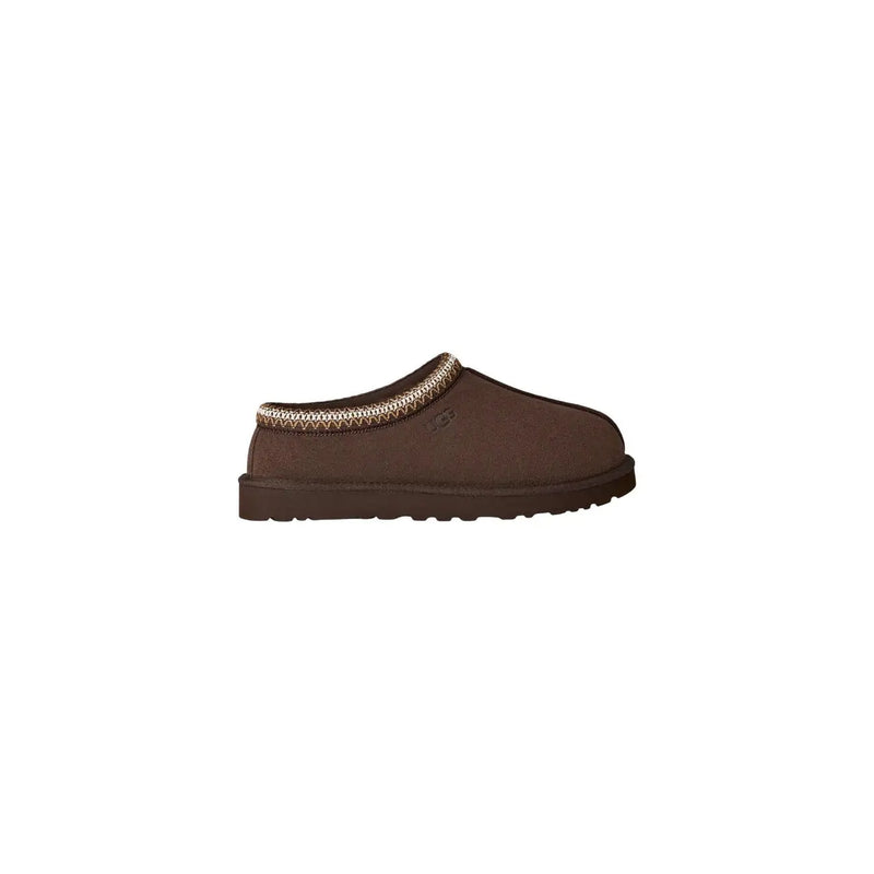 Braune Ugg Damen-Slipper aus beigem Wildleder mit runder Zehenpartie und strukturiertem, leicht gewebtem Besatz für den Herbst-Winter-Look