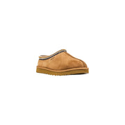 Tan suede ugg women beige round toe slipper with braided trim and rubber sole for fall winter use