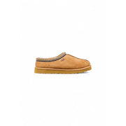 Ugg women beige suede round toe slippers with tan suede slip-on mule and decorative zigzag stitch trim for fall winter