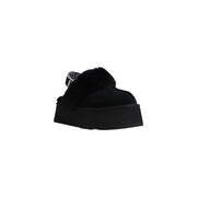 Ugg women black suede leather slippers with plush shearling lining and bold chunky platform sole