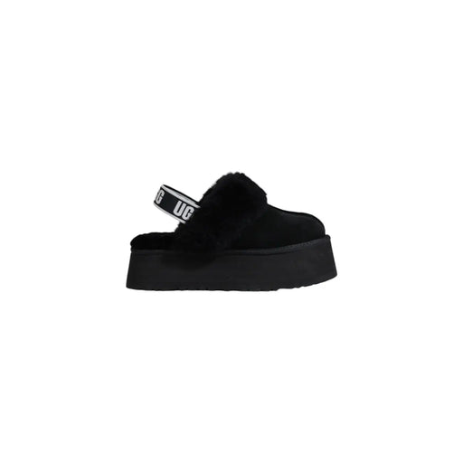 Schwarze Ugg-Damenpantoffeln aus Wildleder mit weichem Lammfellfutter und markentypischem Plateau-Riemen
