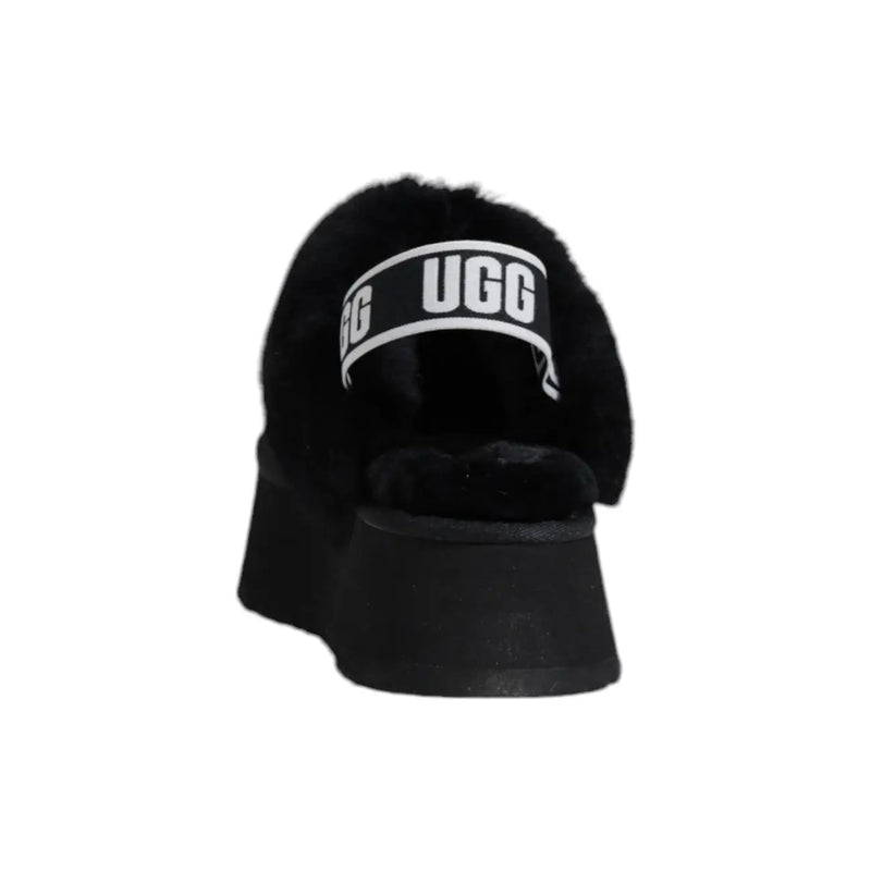 Black ugg women suede leather slippers with plush shearling lining and a thick platform sole slip-on slide design