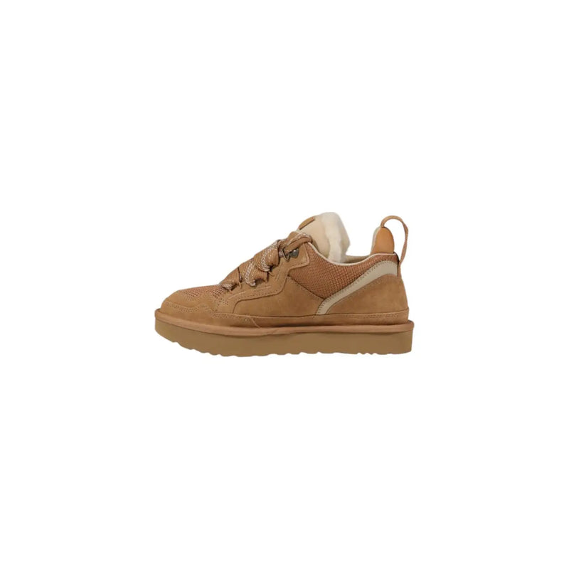Ugg women brown sneaker made of tan suede with plush white shearling lining and chunky rubber sole for sport use