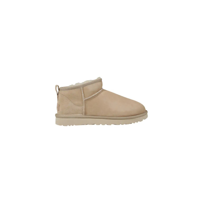 Beige ugg women leather mini boot with suede upper and soft shearling lining for spring footwear