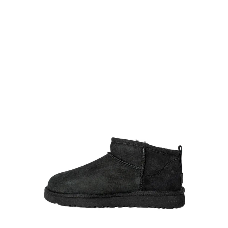 Ugg women leather boots black classic ultra mini featuring black suede upper plush shearling lining and rubber sole