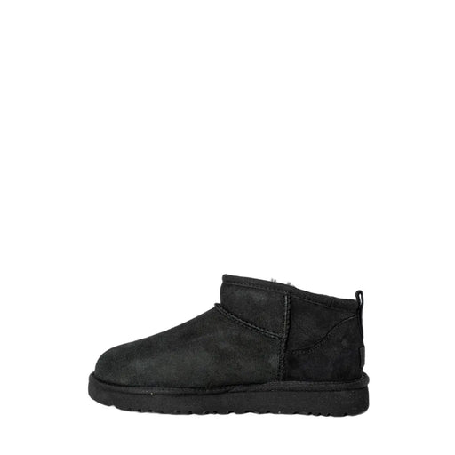 Schwarze Ugg Damen-Lederstiefel, klassisch ultramini, mit schwarzem Wildleder-Obermaterial, weichem Lammfellfutter und Gummisohle