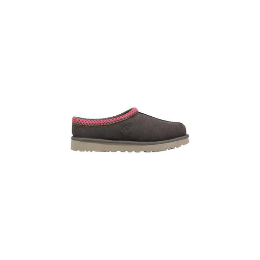 Dunkelgraue Ugg Damen-Slipper aus Wildleder, Modell Tasman II, mit leuchtend pinkfarbenem Webbesatz an der Öffnung
