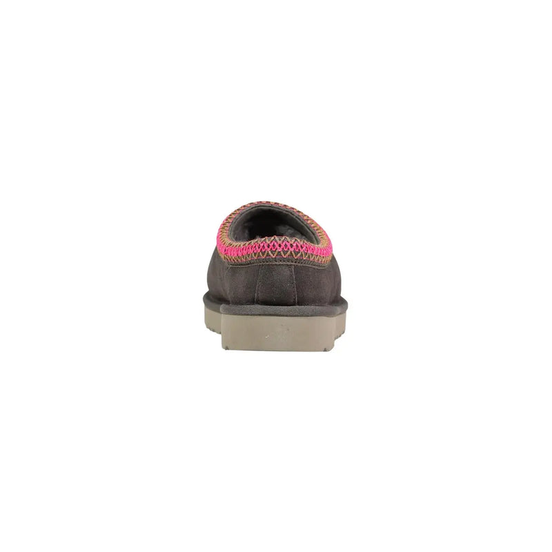 Ugg women leather grey Tasman II slippers in dark gray suede with vibrant pink and orange knitted trim slip-on moccasins