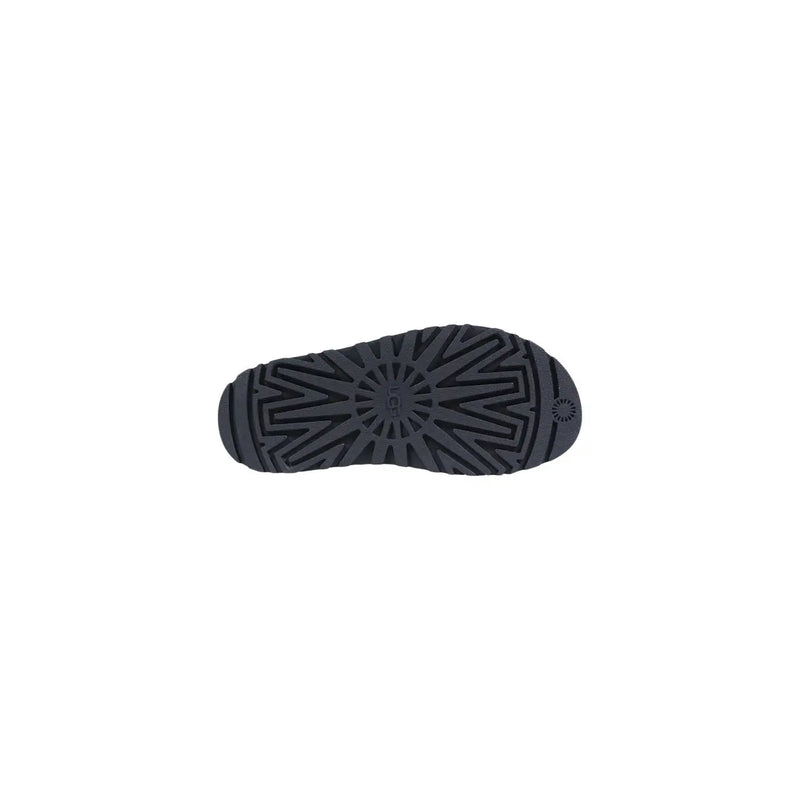 Back view of ugg women black polyurethane sandals featuring a dark gray rubber sole with geometric tread pattern and ugg logo