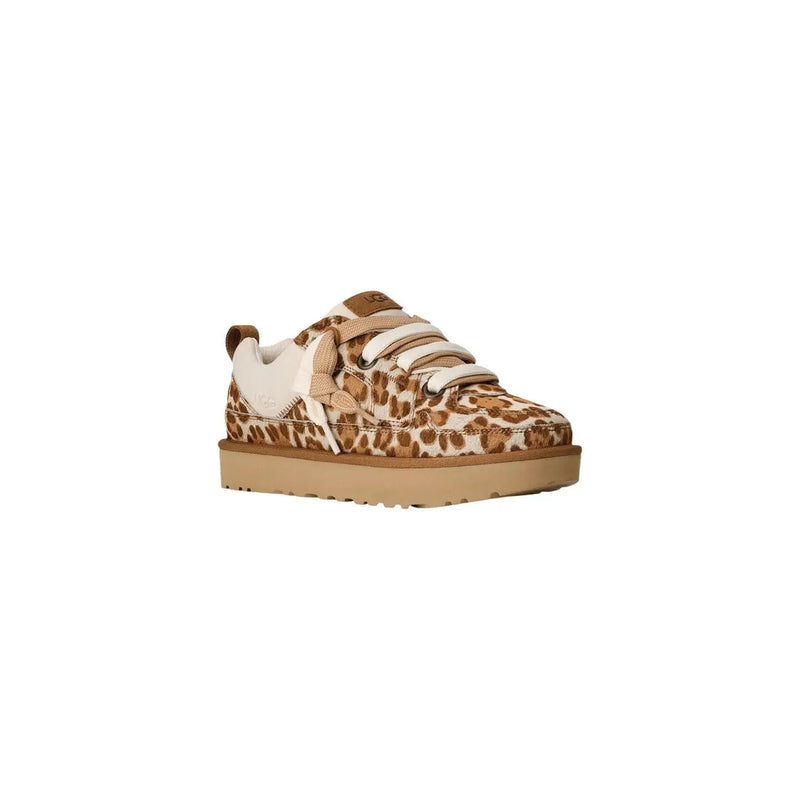 Ugg women suede sneaker in beige with leopard print, cream laces, and tan rubber sole front view