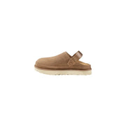 Ugg women’s beige polyester spring summer slippers in tan suede clog style with strap and white rubber sole