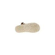 Back view of ugg women’s beige polyester spring summer slippers with rubber sole featuring starburst tread pattern