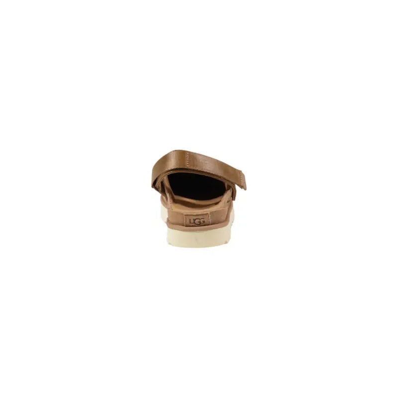 Ugg women’s beige tan leather sandal with velcro strap and white rubber sole spring summer slippers