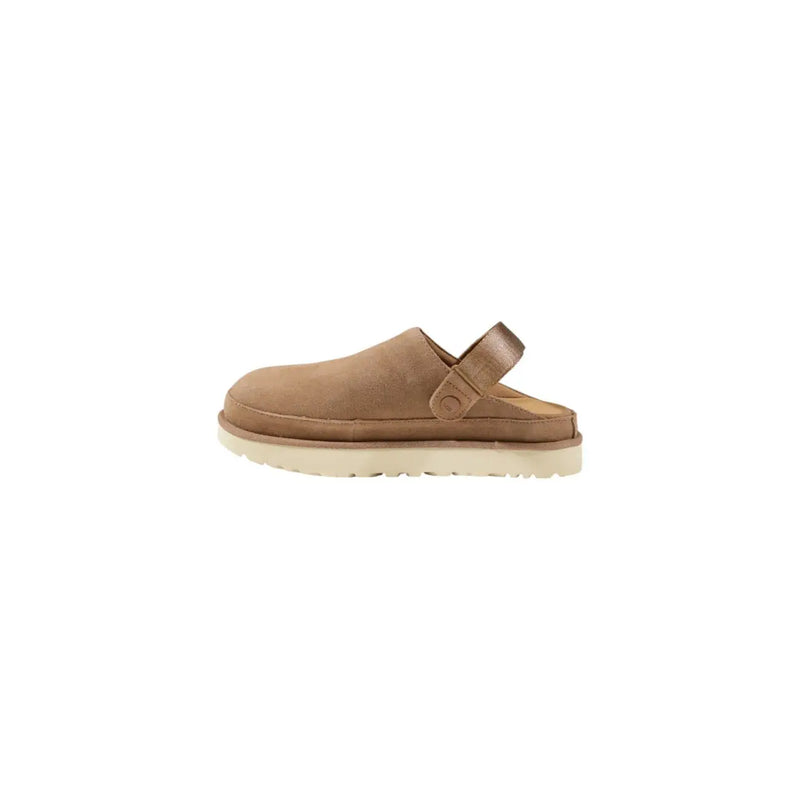 Ugg women’s beige polyester spring summer slippers in tan suede clog style with strap and white rubber sole