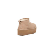 Ugg women’s beige suede ankle boots with plush shearling lining and tan rubber sole for fall winter collection