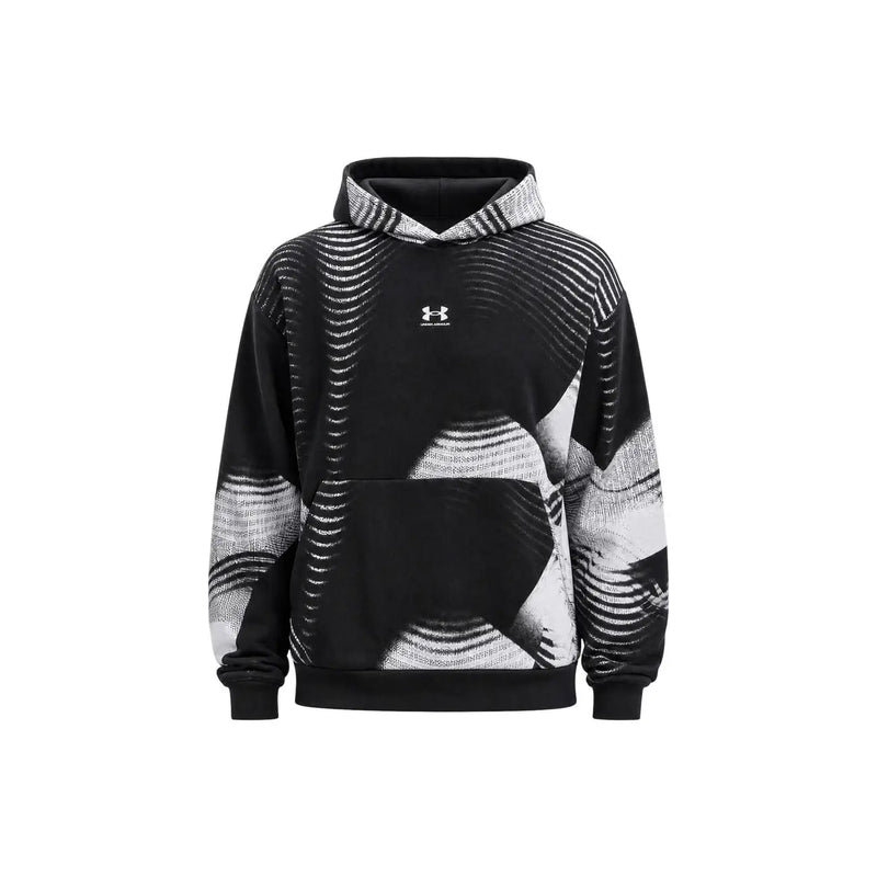 Under Armour Schwarzer Herren-Fleece-Hoodie aus Baumwollmischgewebe mit auffälligem, abstraktem weißen Wellenmuster und grauem, strukturiertem Kapuzenfutter