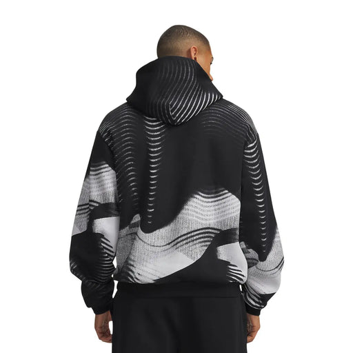 Under armour Schwarzer Herren-Fleece-Hoodie aus Baumwollmischgewebe mit auffälligem abstraktem weiß-grauem Wellenmuster auf der Vorderseite