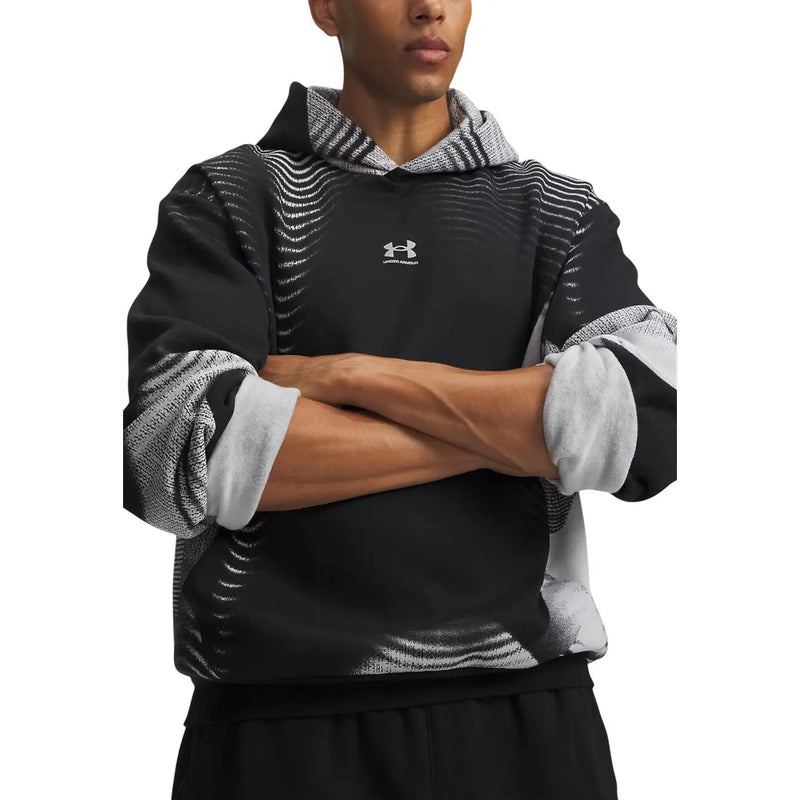 Under armour Schwarzer Herren-Fleece-Hoodie aus Baumwollmischgewebe mit Wellenmuster an Ärmeln, Kapuzenfutter und unterem Rumpf