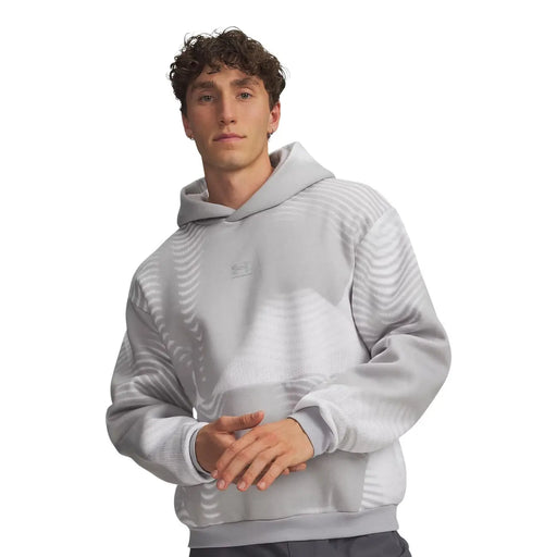 Under armour men black fleece hoodie in cotton blend with light gray subtle wavy striped pattern on front and sleeves