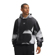 Under armour Schwarzer Herren-Fleece-Hoodie aus Baumwollmischgewebe mit schwarz-weiß gemustertem, abstraktem Wellenmuster auf Vorderseite und Ärmeln.