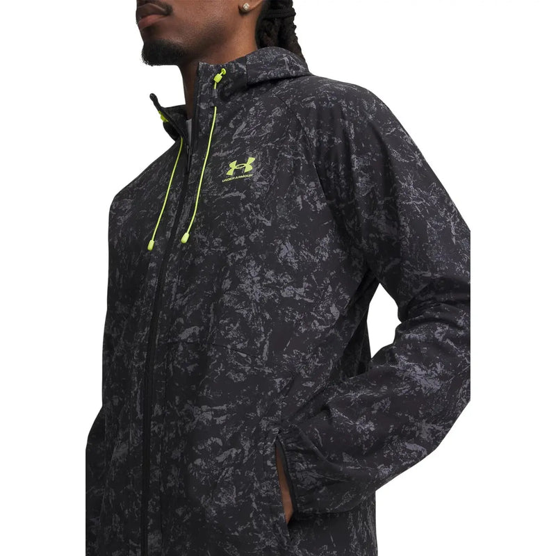 Under armour Schwarze Herren-Kapuzenjacke aus Polyester mit schwarz-grau marmoriertem Muster und neongelben Reißverschlussanhängern