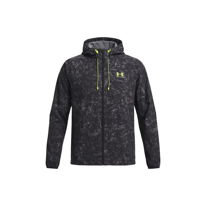 Under armour Schwarze Herren-Kapuzenjacke aus Polyester mit schwarz-grau marmoriertem Muster und neongelben Reißverschlussanhängern