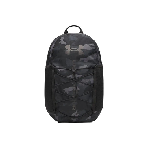Under armour men hustle sport 6.0 backpack grey 26l with black and gray camouflage pattern and sleek modern design
