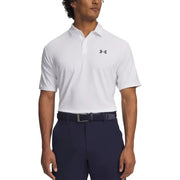 Under armour Weißes Herren-Poloshirt aus Polyester mit dezenter Stoffstruktur, Kurzarm, mit schwarzem Logo auf der linken Brustseite.