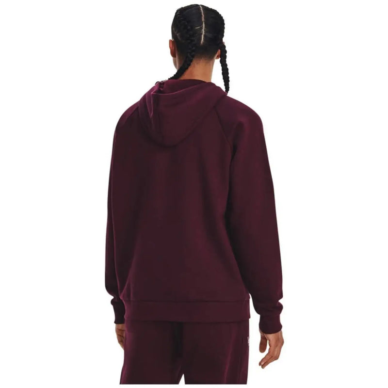 Maroon Under Armour men hooded sweatshirt with ribbed cuffs and hem featuring a relaxed fit for fall winter use