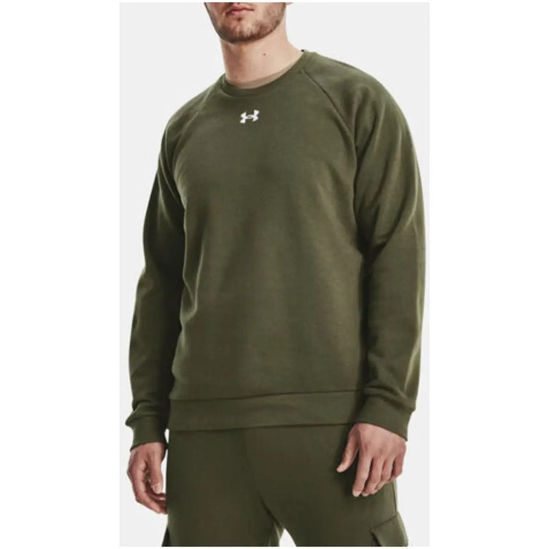 Olive green under armour men crewneck sweatshirt with white chest logo in soft blend for fall winter wear
