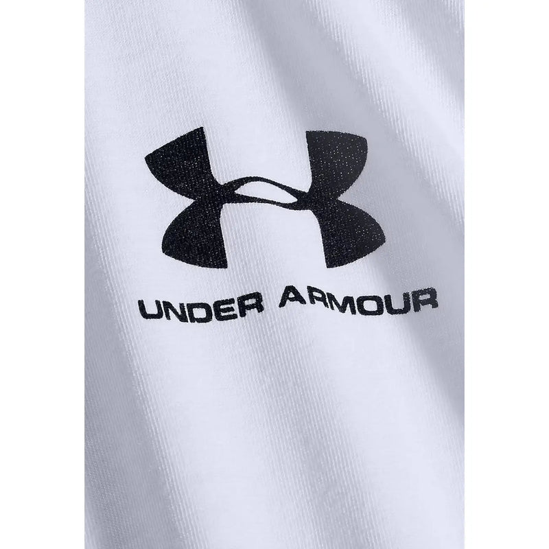 Under armour Klassisches weißes Herren-Langarmhemd aus Baumwolle mit markantem schwarzem Logo und Markennamen auf der Vorderseite