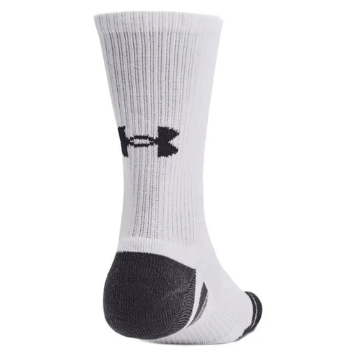 Under armour men’s fall/winter athletic sock in white with black logo and reinforced heel for enhanced durability